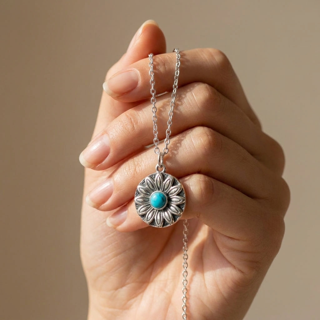 925 Silver Flower Necklace with Turquoise Stone in a Round Design
