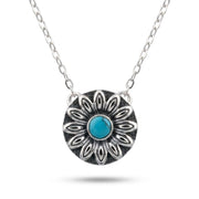 925 Silver Flower Necklace with Turquoise Stone in a Round Design