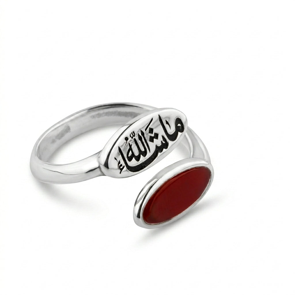 خاتم ما شاء الله و حجر عقيق طبيعي فضة عيار 925