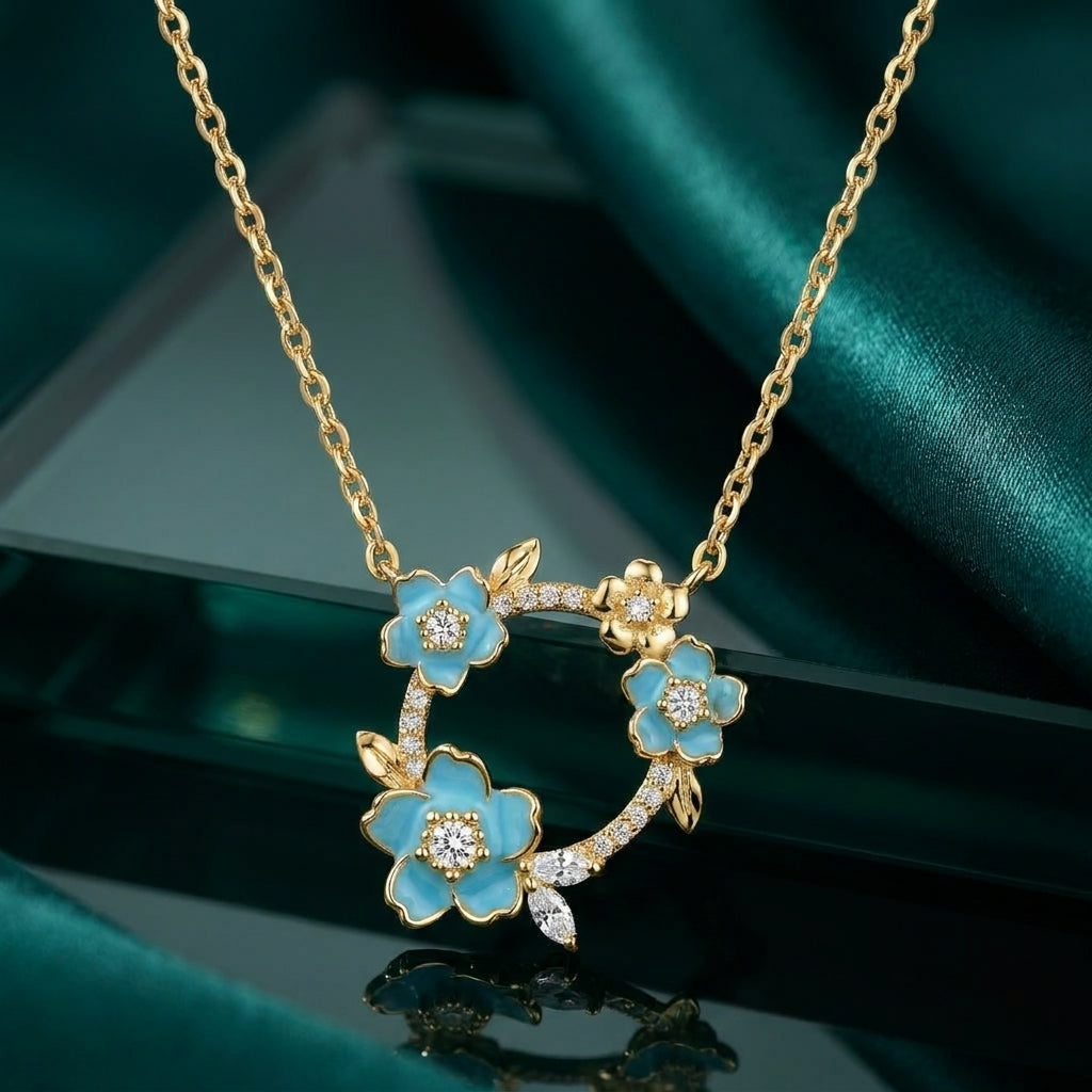 Gold-Plated 925 Silver Round Necklace with Turquoise Flowers and Sparkling Stones