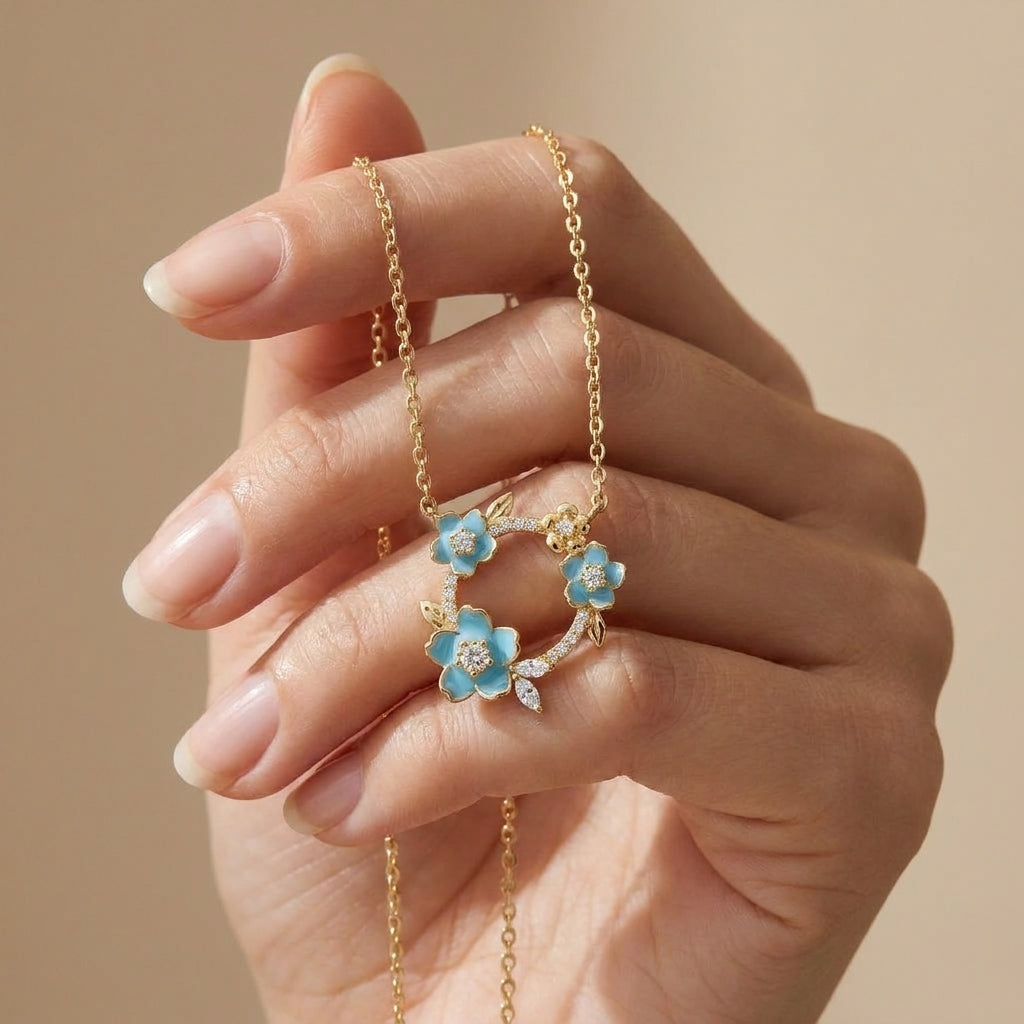 Gold-Plated 925 Silver Round Necklace with Turquoise Flowers and Sparkling Stones