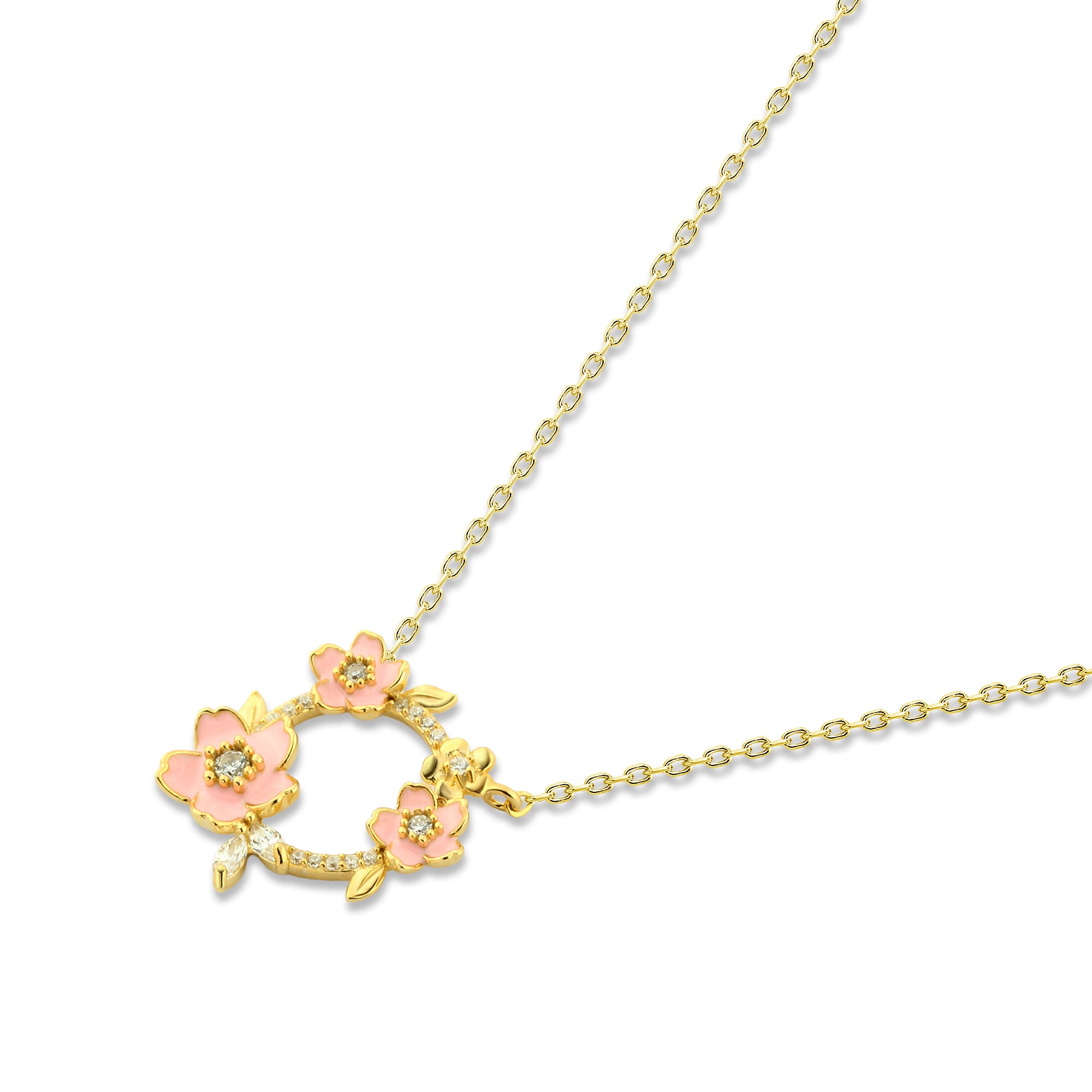 عقد فضة عيار 925 مطلي ذهب بتصميم زهور وردية