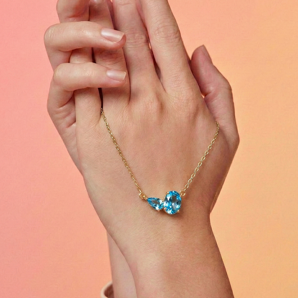 عقد فضة أنيق بفص أزرق سماوي مزدوج