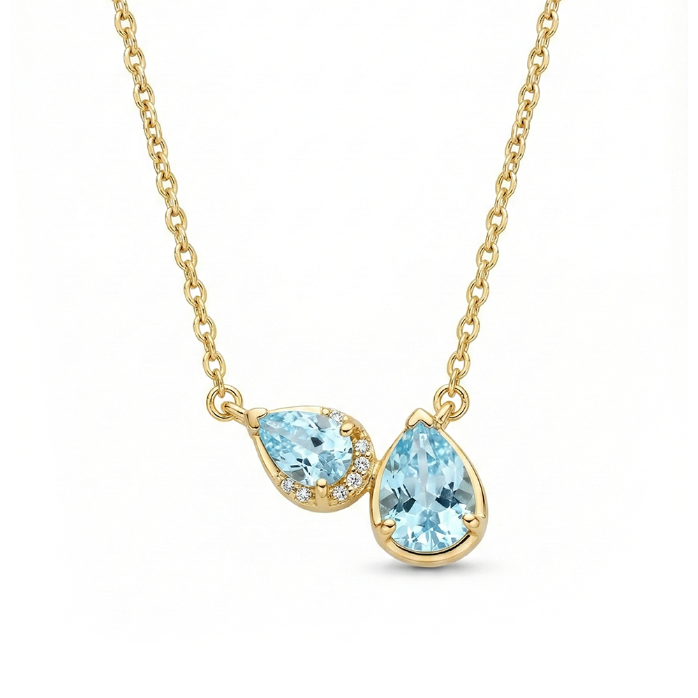 عقد فضة عيار 925 بفص أزرق سماوي مزدوج- مطلي ذهب