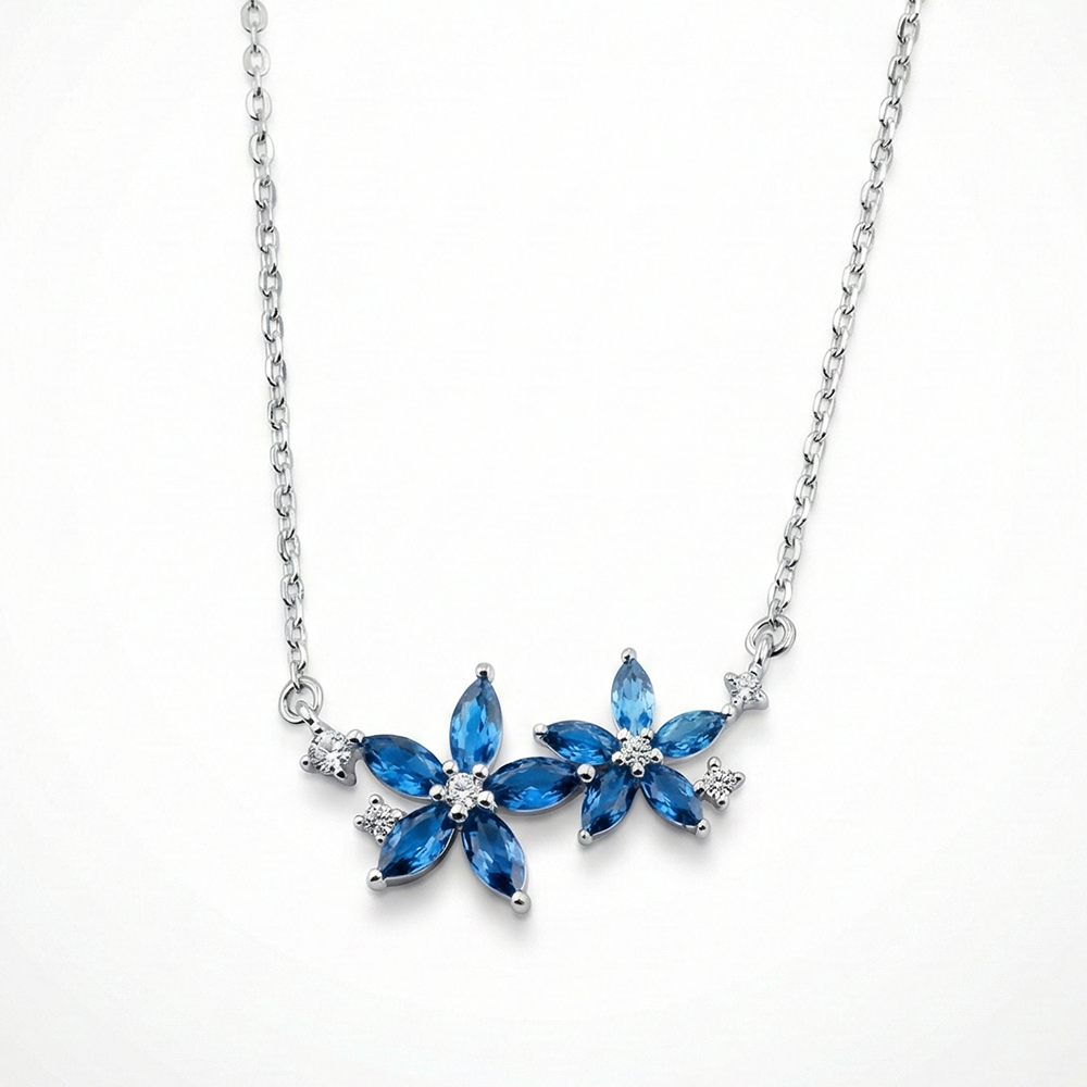 925 Silver Necklace with Floral Design and Blue Stone