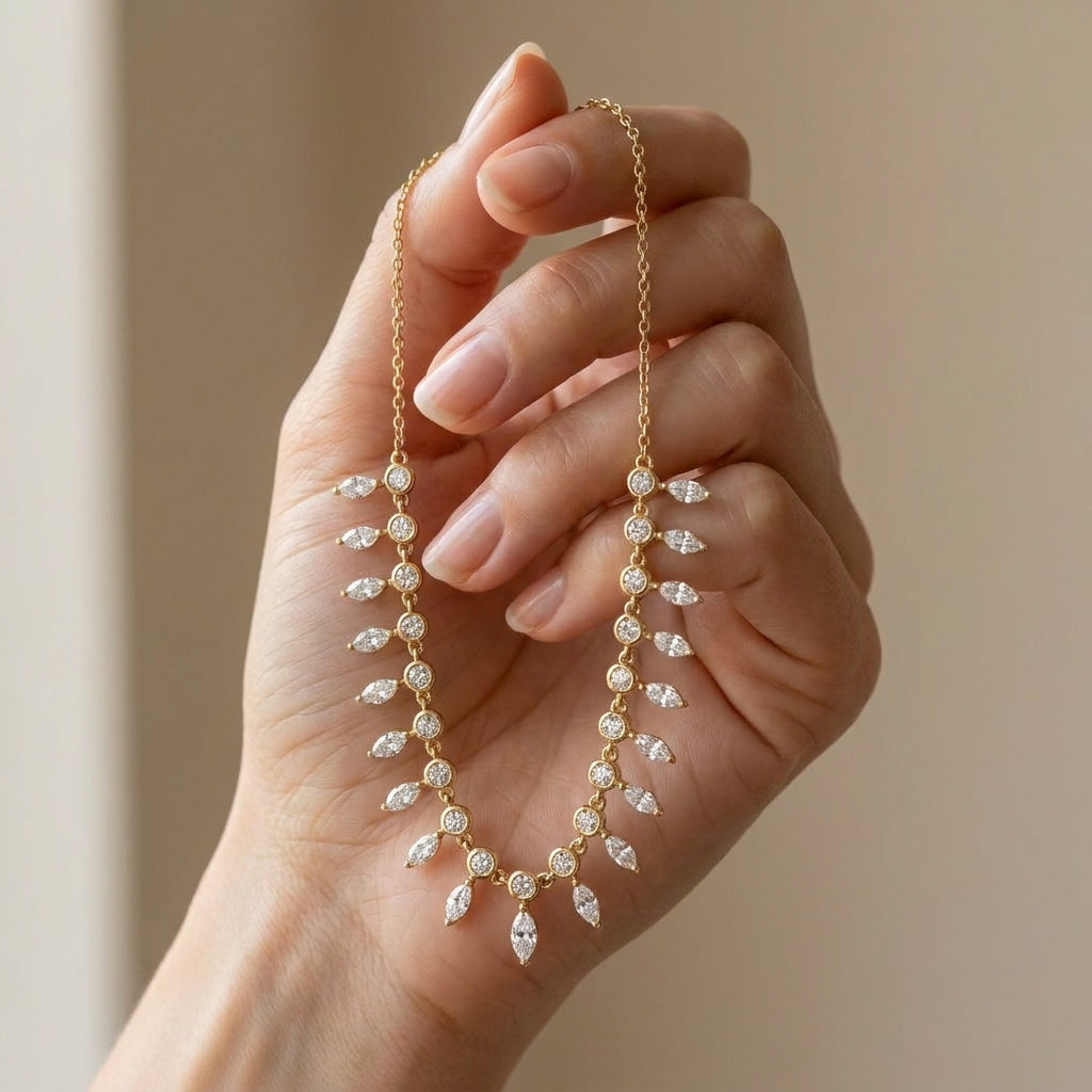 Gold-Plated 925 Silver Necklace with Marquise-Shaped Sparkling Stones