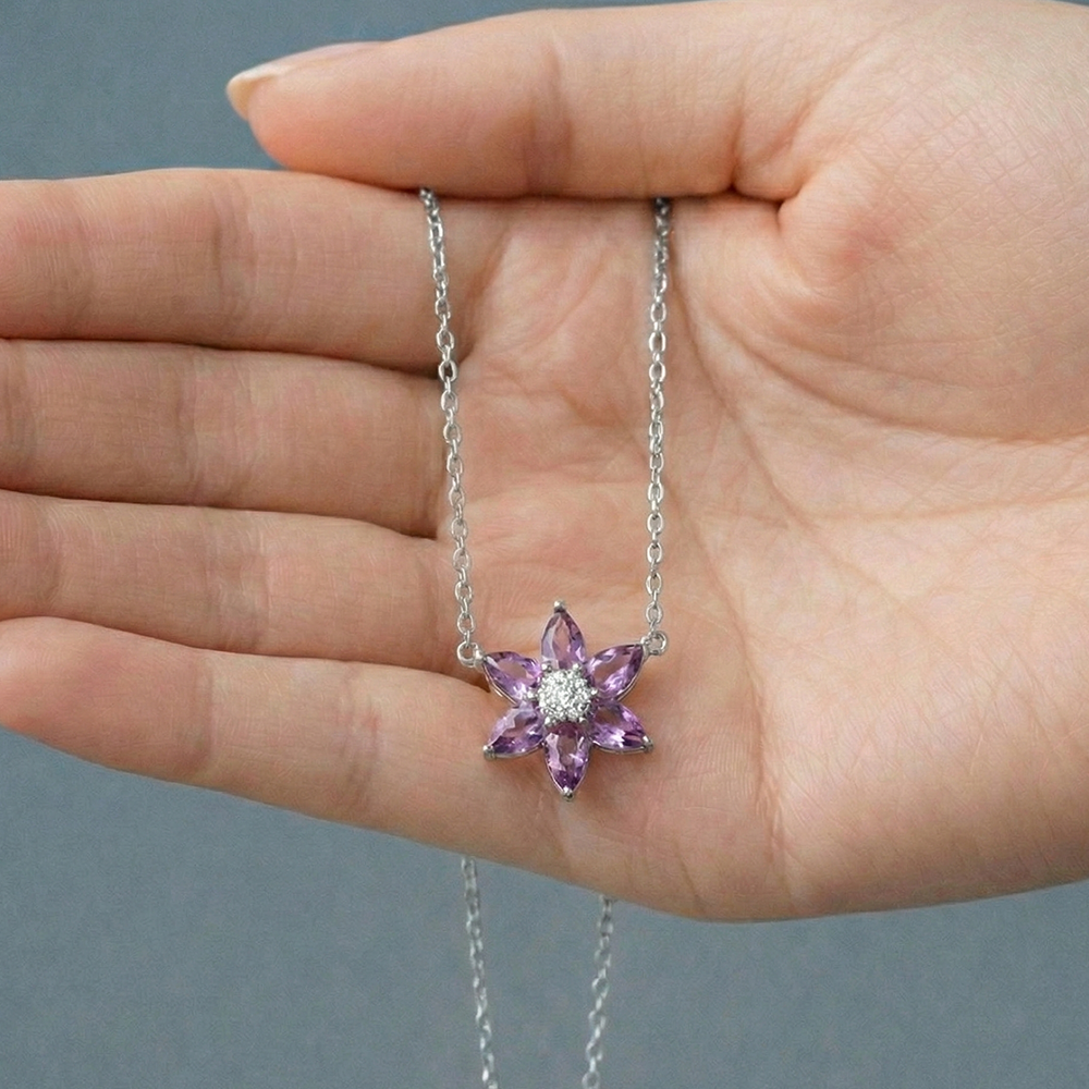 عقد فضة 925 بفصوص بنفسجي شكل زهرة