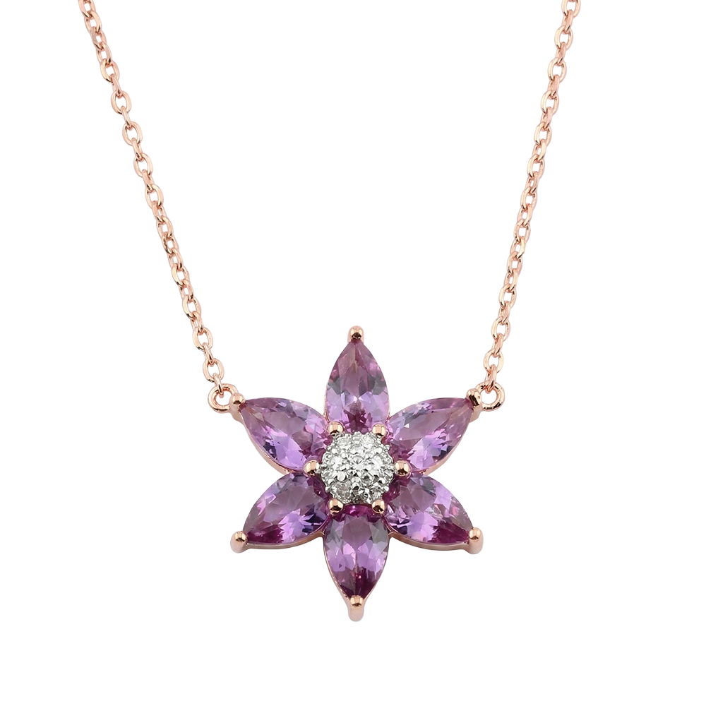 عقد فضة 925 بفصوص بنفسجي شكل زهرة- مطلي روز جولد