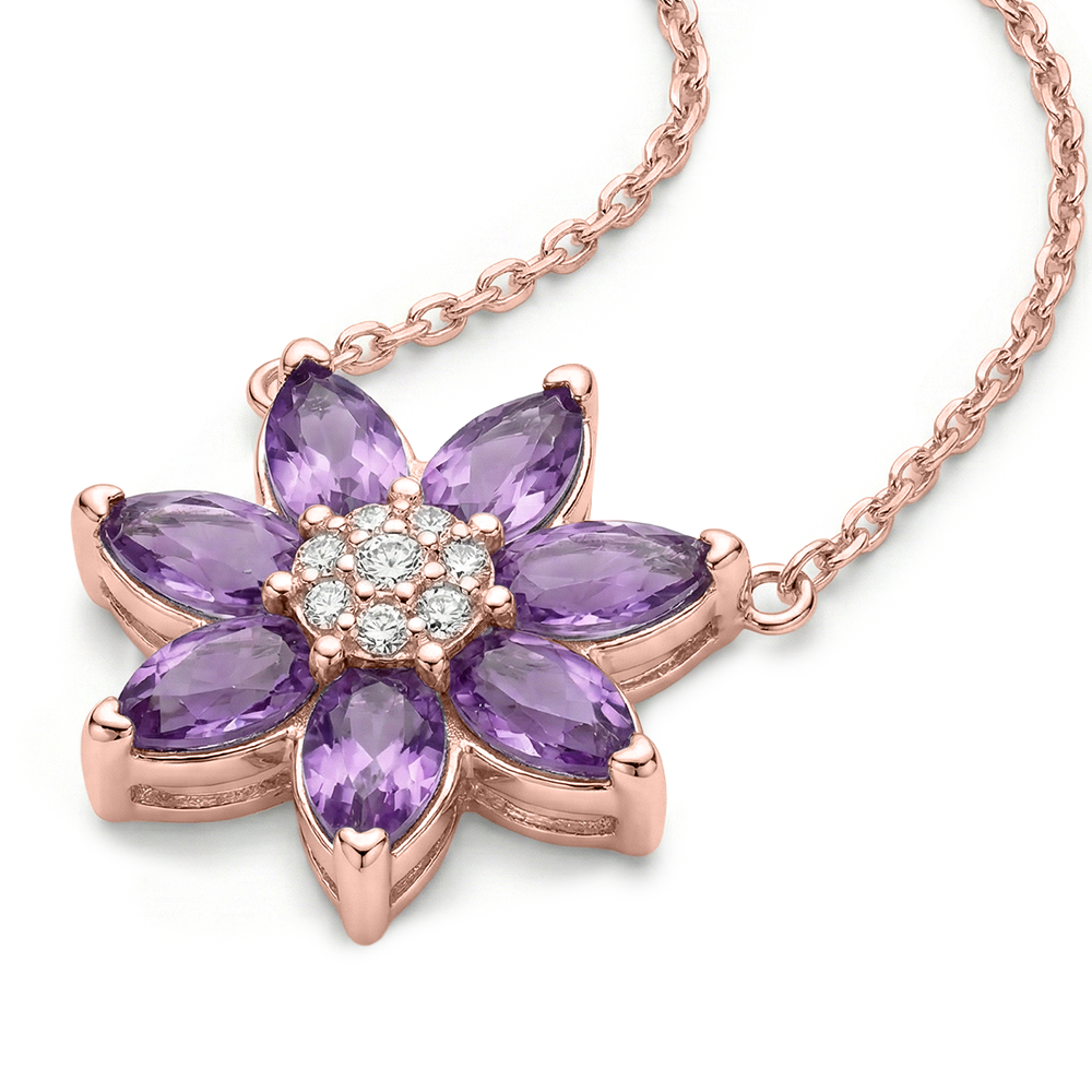 عقد فضة 925 بفصوص بنفسجي شكل زهرة- مطلي روز جولد