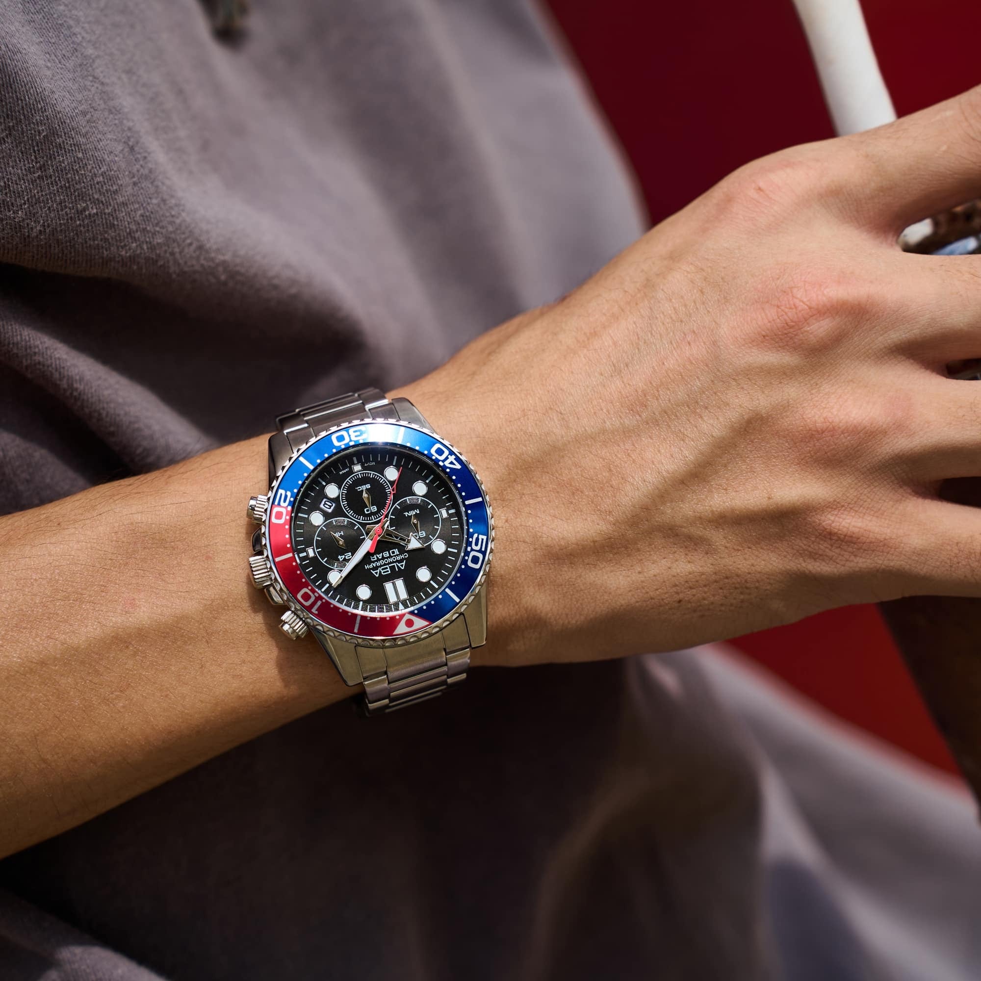 ALBA Men’s Sports Chronograph Watch with Red and Blue Bezel and Stainless Steel Strap