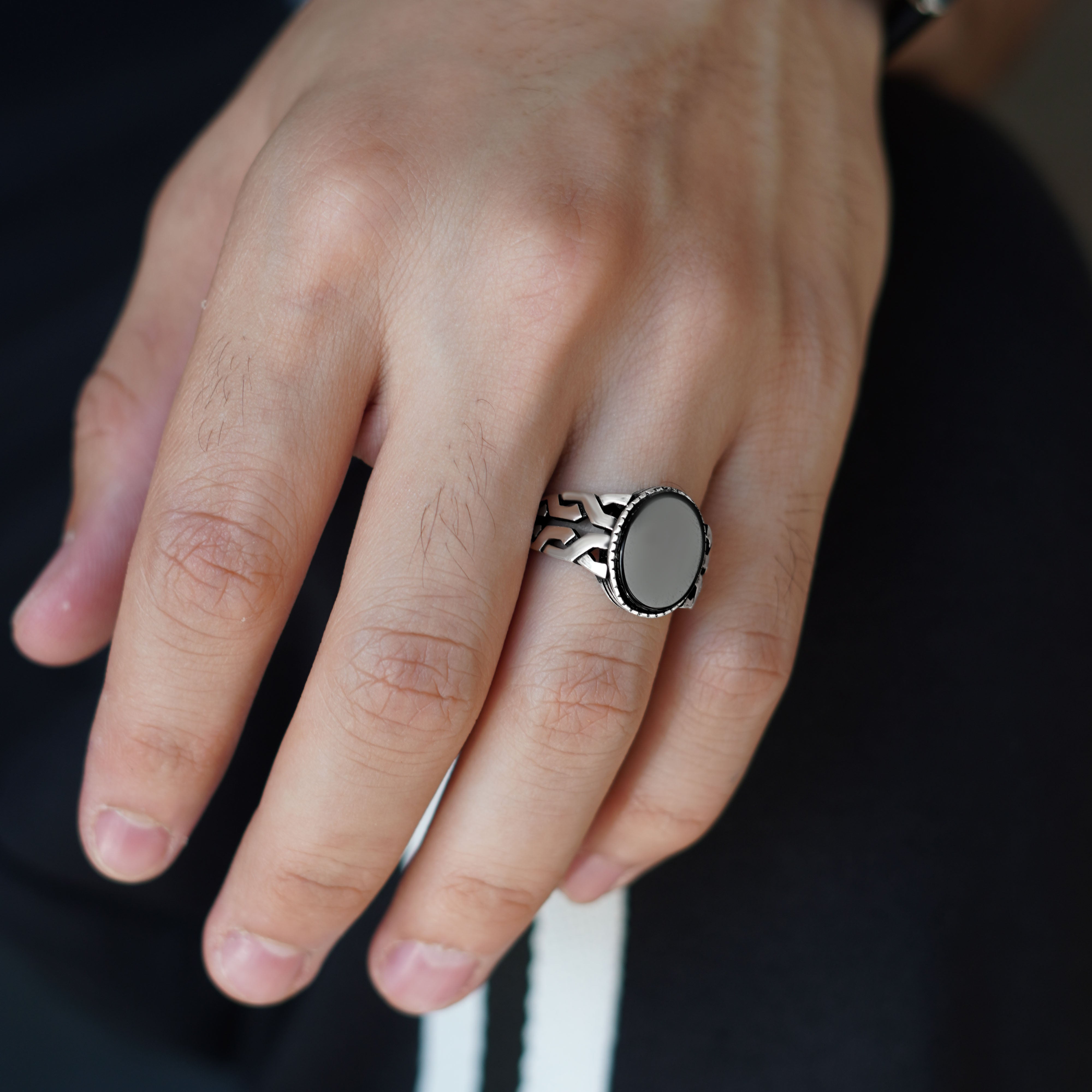 Men’s Silver Ring with Natural Black Onyx Stone and Geometric Side Design