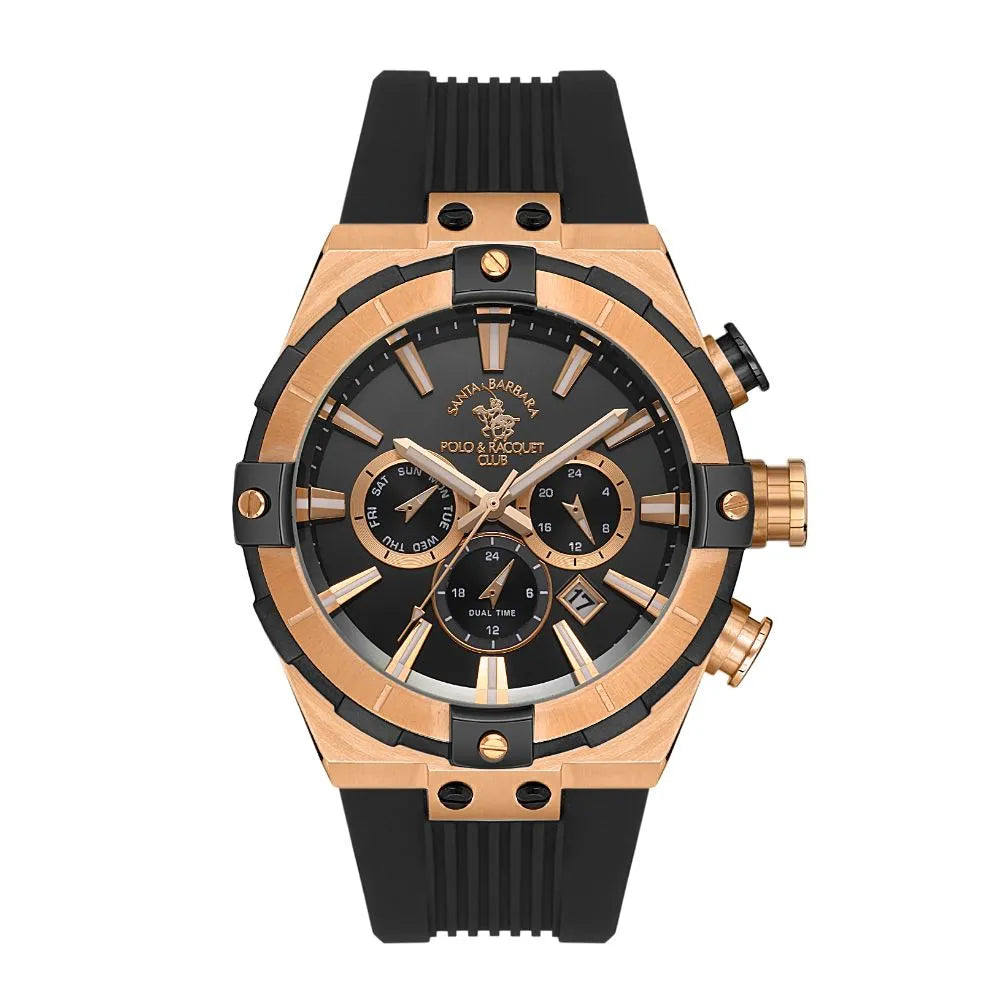 Santa Barbara Polo Men's Wristwatch – Sporty Design with Gold × Black Case, Rubber Strap, and Multi-Function Subdials
