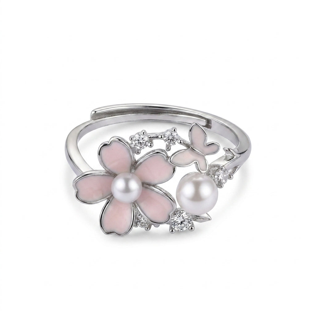 925 Silver Ring "Pink Flowers and Pearls"
