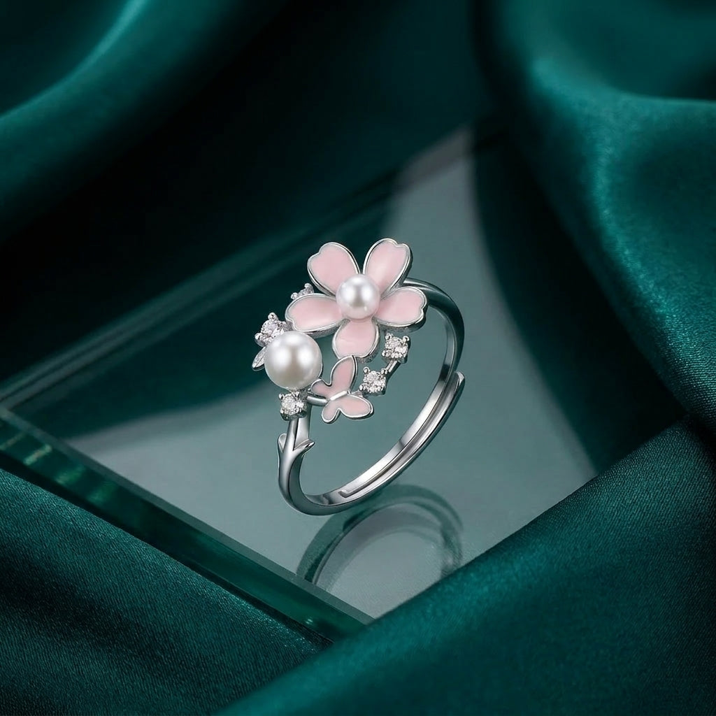 925 Silver Ring "Pink Flowers and Pearls"