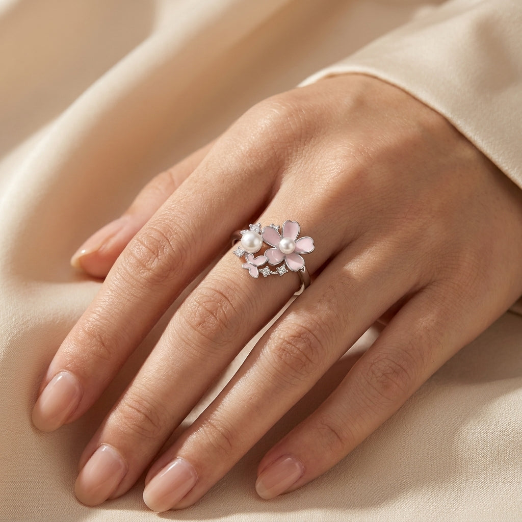 925 Silver Ring "Pink Flowers and Pearls"