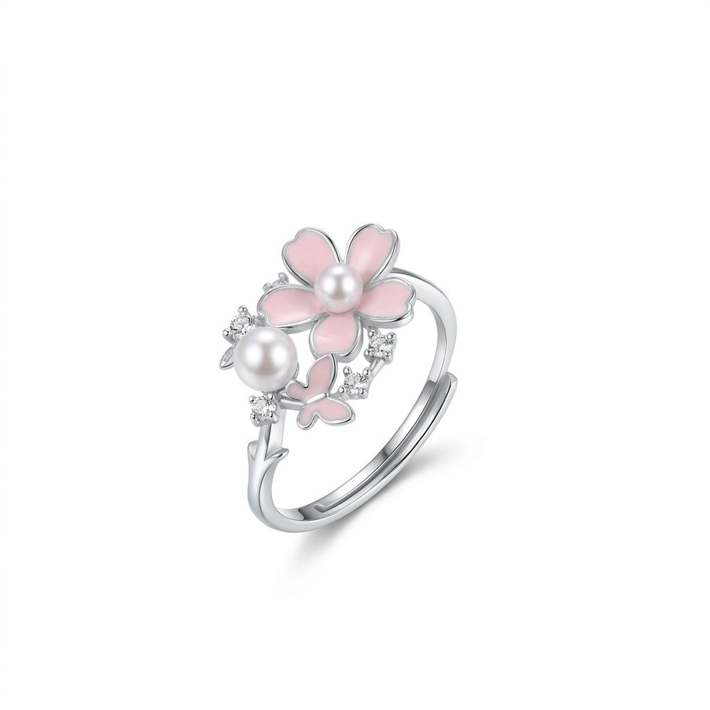 925 Silver Ring "Pink Flowers and Pearls"