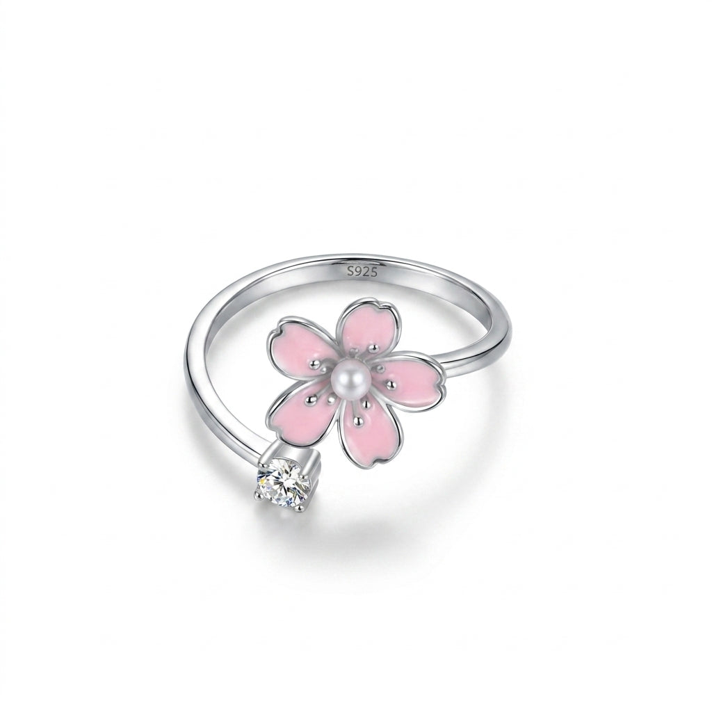 925 Silver Pink Flower Ring with a Sparkling Zircon Stone