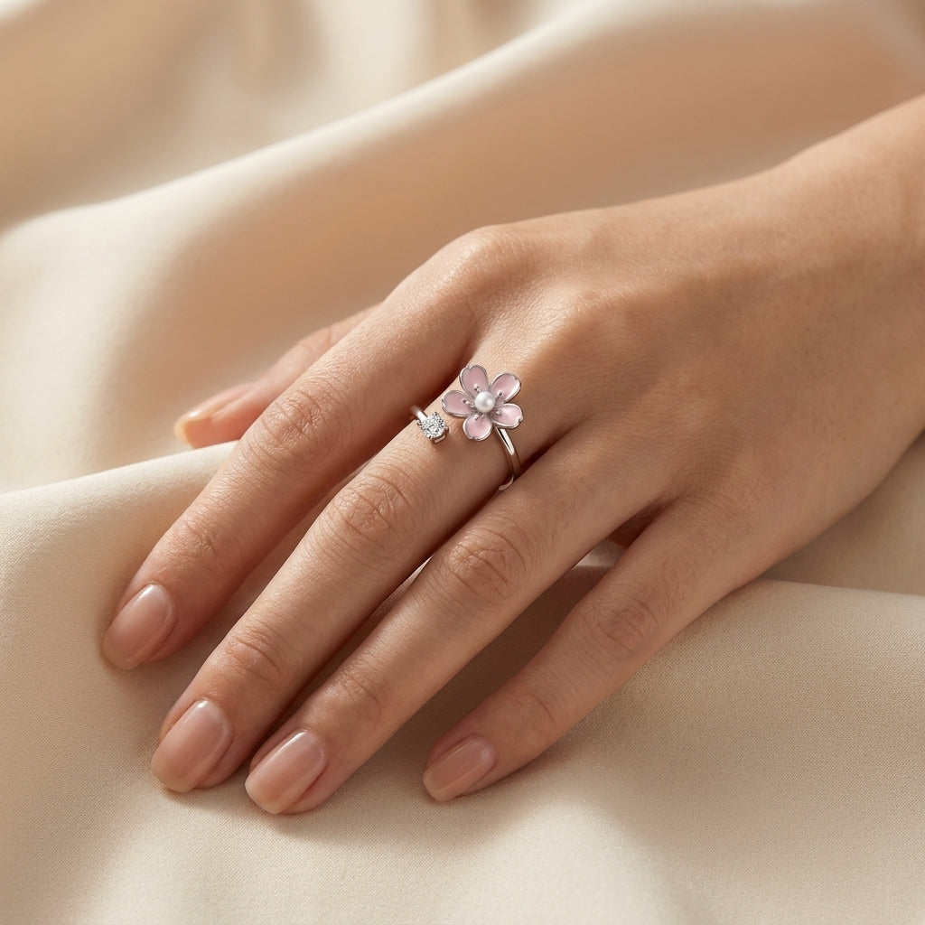 925 Silver Pink Flower Ring with a Sparkling Zircon Stone