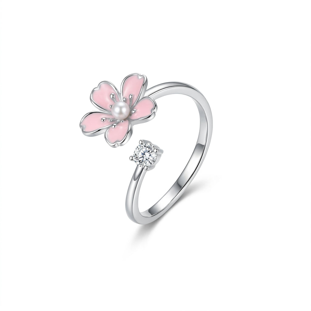 925 Silver Pink Flower Ring with a Sparkling Zircon Stone
