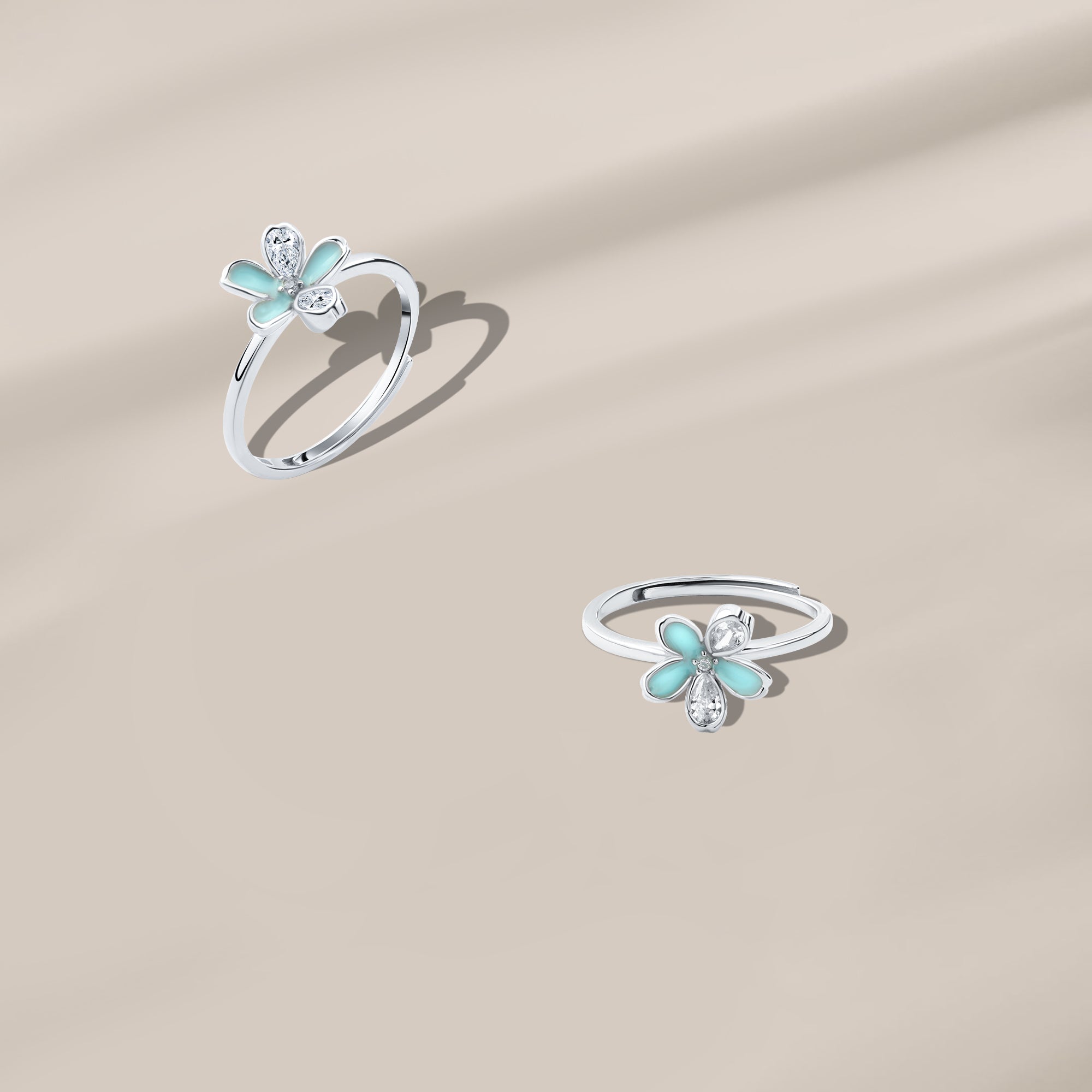 Turquoise Flower Ring, 925 Silver Platinum-Plated