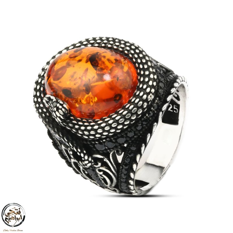 خاتم فضة رجالي 925 بتصميم تركي يدوي متوج بعقيق صخري
