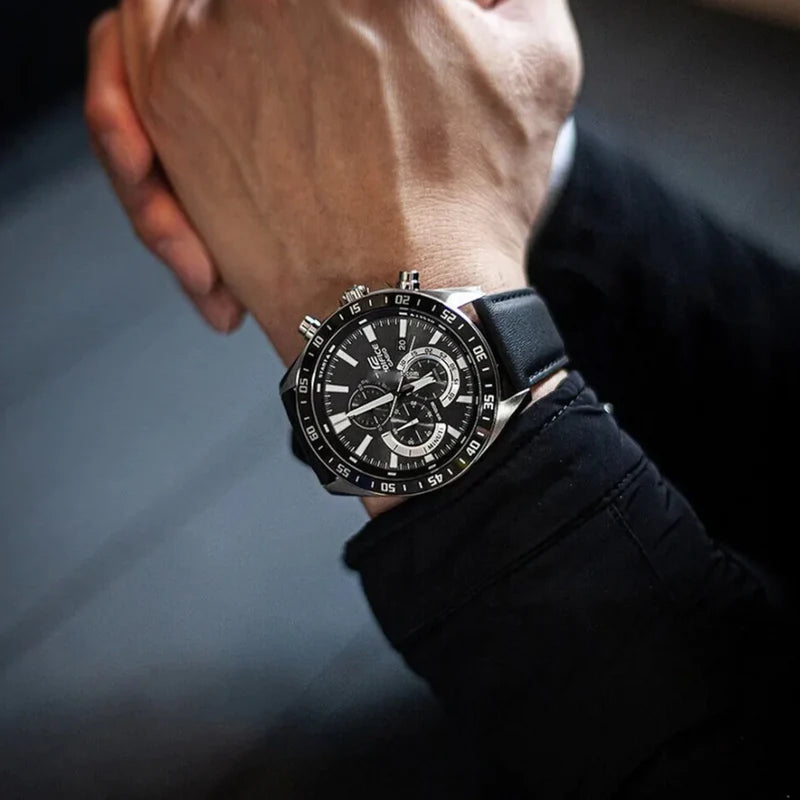 ساعة كاسيو إيديفيس للرجال كرونوغراف بمينا أسود وسوار جلد طبيعي – EFV-620L-1AVUDF