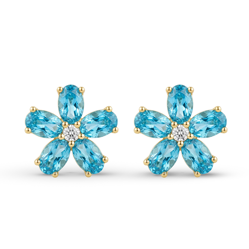 حلق فضة 925 زهرة بفصوص زرقاء مطلي ذهب