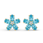 حلق فضة 925 زهرة بفصوص زرقاء مطلي ذهب