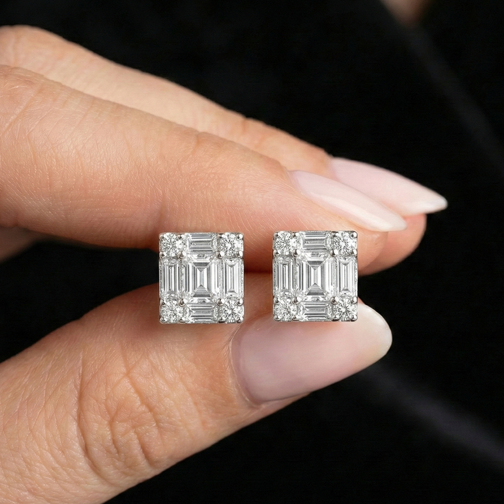 حلق فضة 925 مربع مرصّع بفصوص لامعة