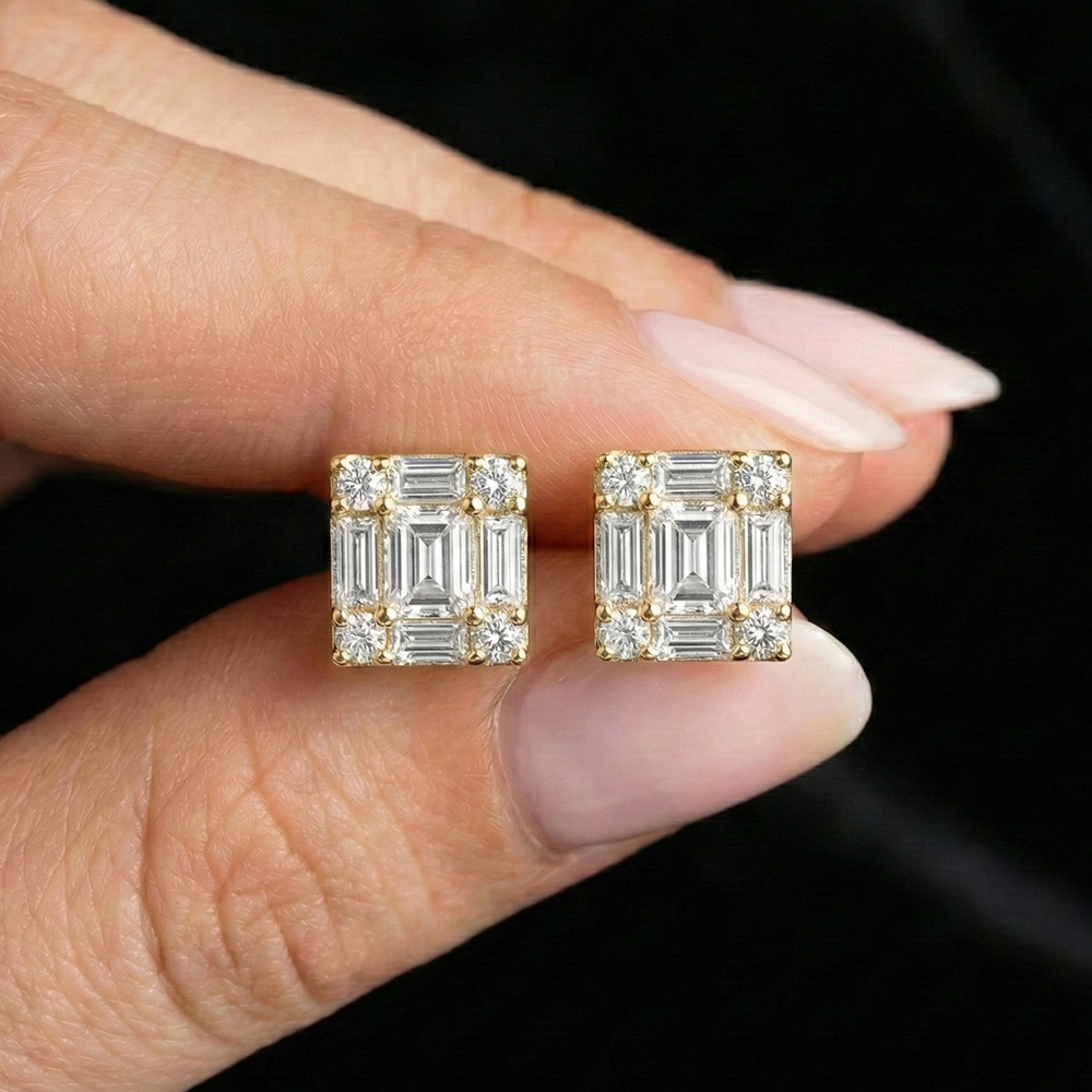 حلق فضة 925 مربع مرصّع مطلي ذهب