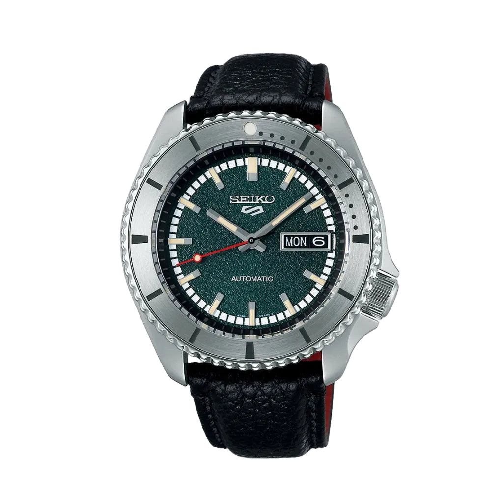 Seiko 5 Sports Green Dial Black Leather Strap Men's Watch