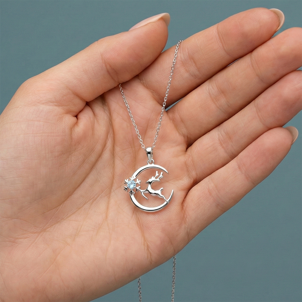 عقد فضة عيار 925 قمر وغزال بفص أزرق