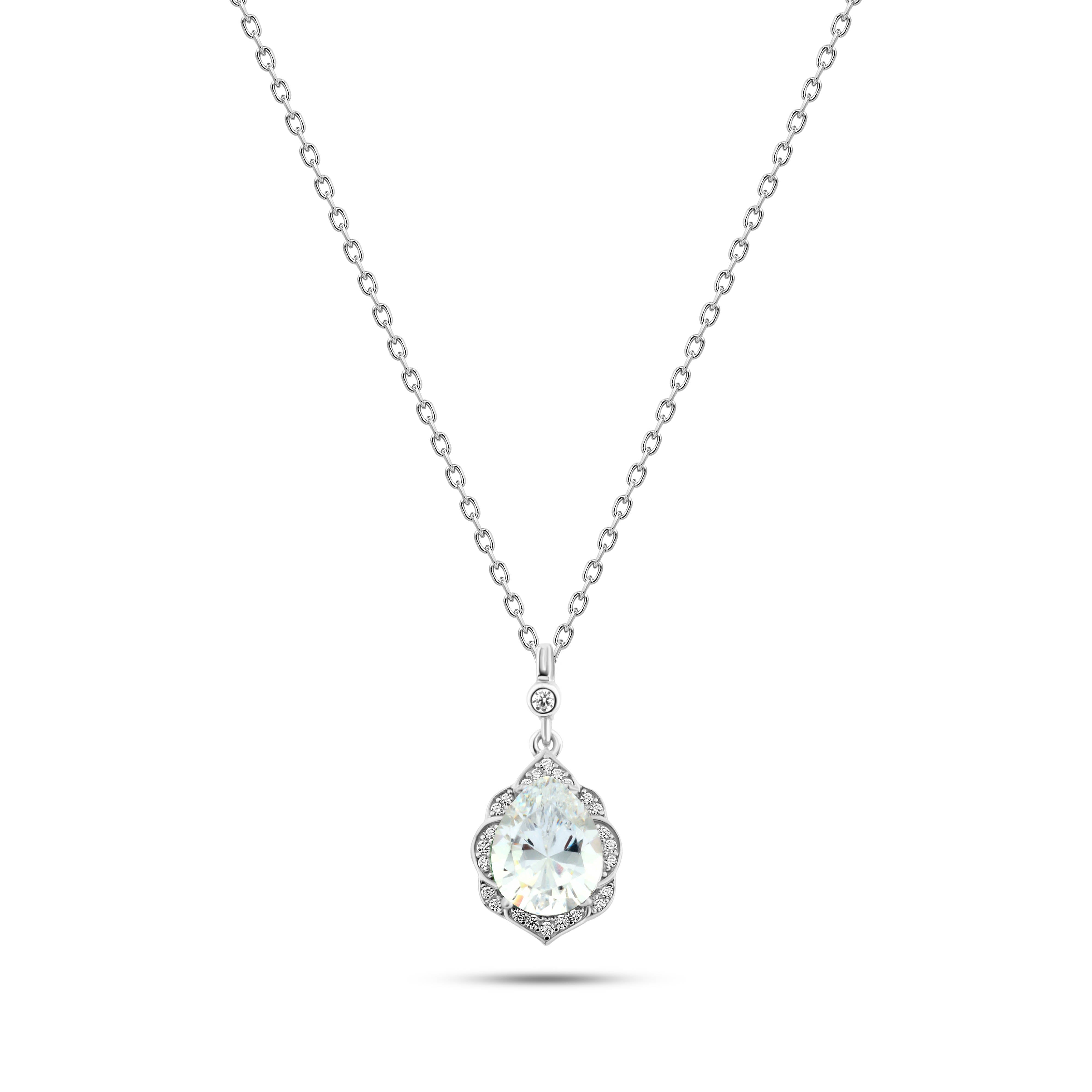 عقد فضة 925 دمعة بفص شفاف محاط بفصوص