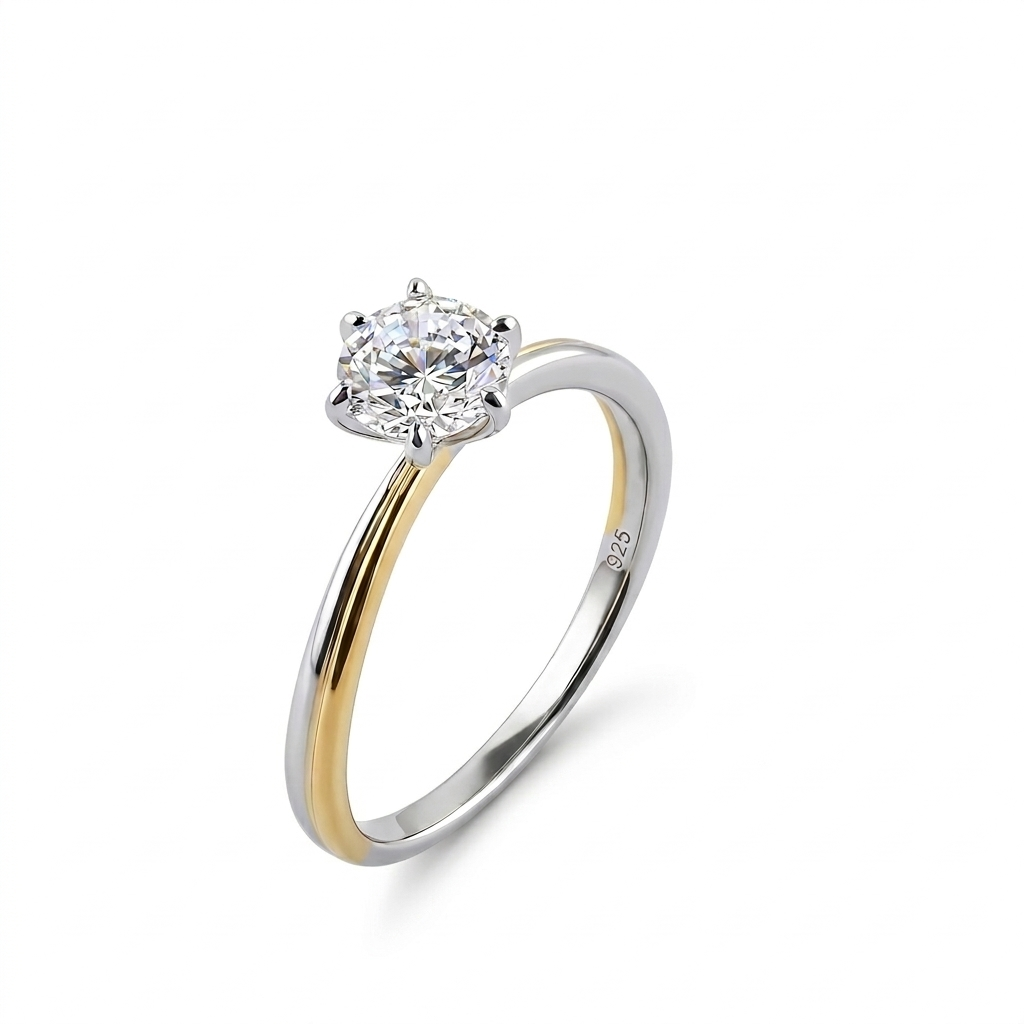 925 Silver Ring with a Sparkling Stone and Golden Touches