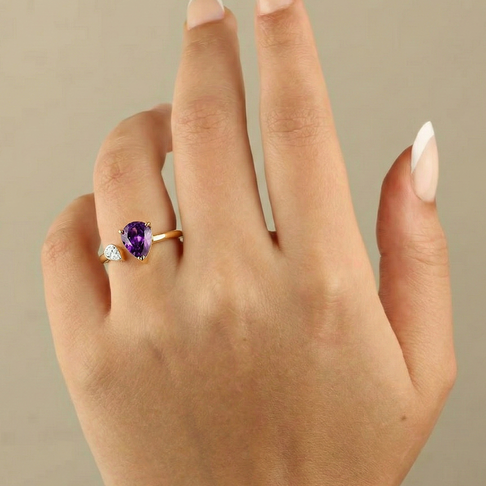 خاتم فضة عيار 925 مطلي ذهب بفص بنفسجي