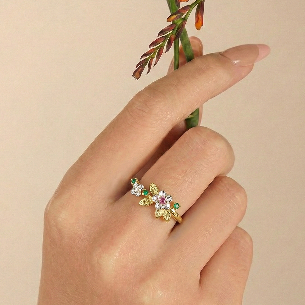 خاتم وردة مطلي ذهب بفصوص ملونة فضة عيار 925
