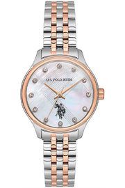 U.S. Polo Assn Women's Analog Watch – Mother-of-Pearl Dial with Crystal Markers & Two-Tone Stainless Steel Bracelet