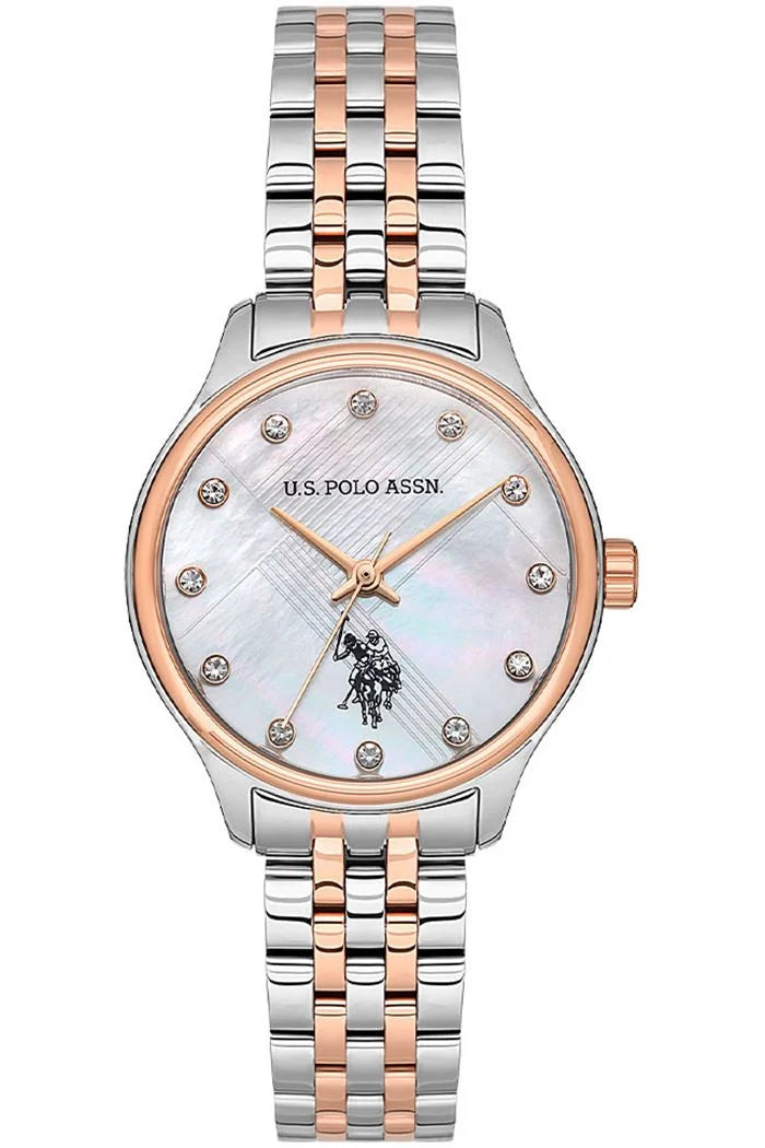 U.S. Polo Assn Women's Analog Watch – Mother-of-Pearl Dial with Crystal Markers & Two-Tone Stainless Steel Bracelet