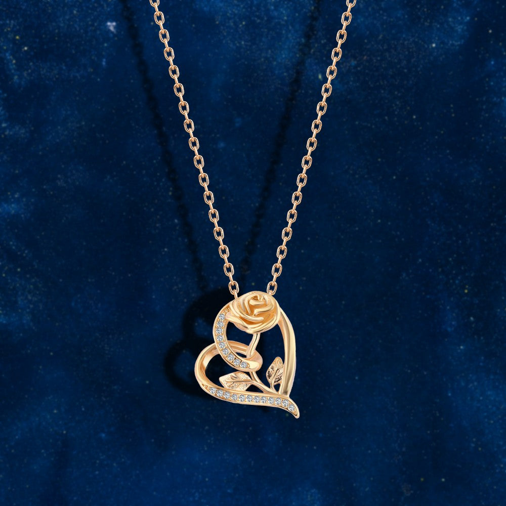 A necklace with a heart and tree branch design, made of 925 sterling silver and studded with zircon stones.