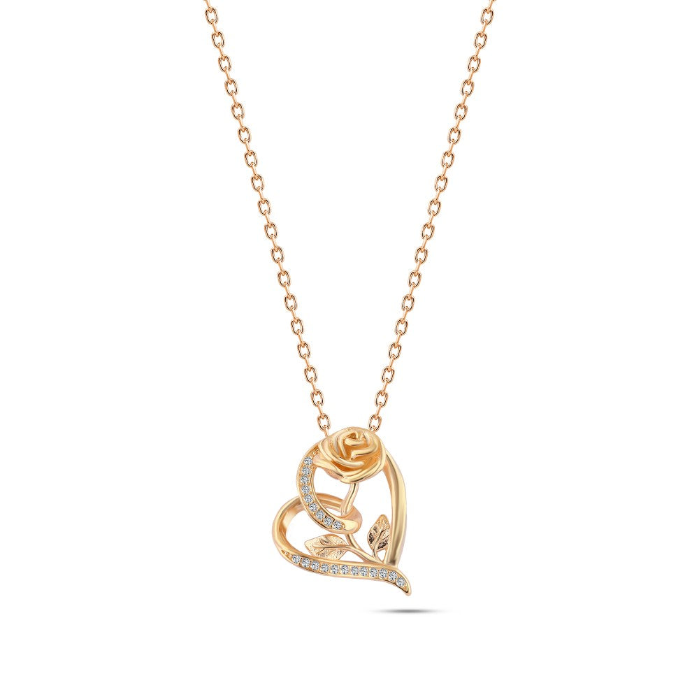A necklace with a heart and tree branch design, made of 925 sterling silver and studded with zircon stones.
