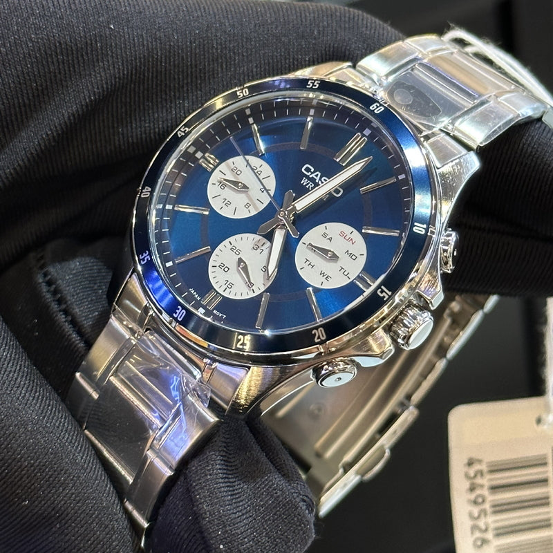 Casio Men's Chronograph Watch – Silver Metal Strap with Multi-Detail Blue Dial

